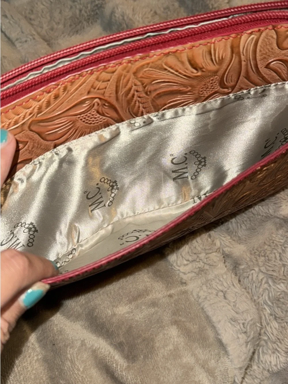 Marc Chantal Tooled Leather Crossbody includes wristlet & tag